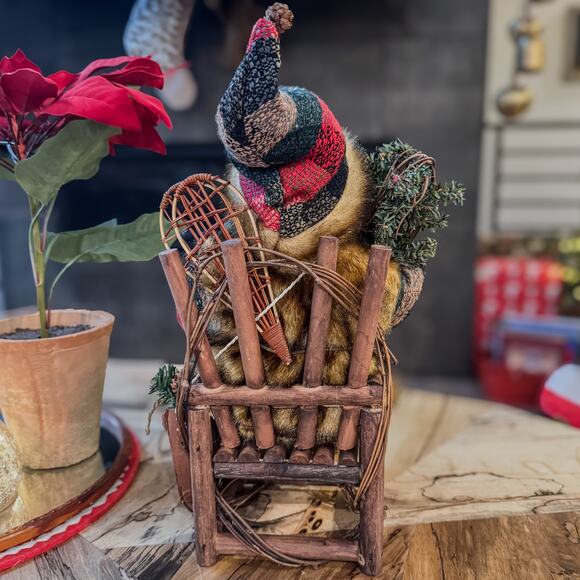 Woodland Mountain Man Santa in Wooden Twig Chair w/ Bird & Snow Shoes, 14"H - Picture 4 of 15